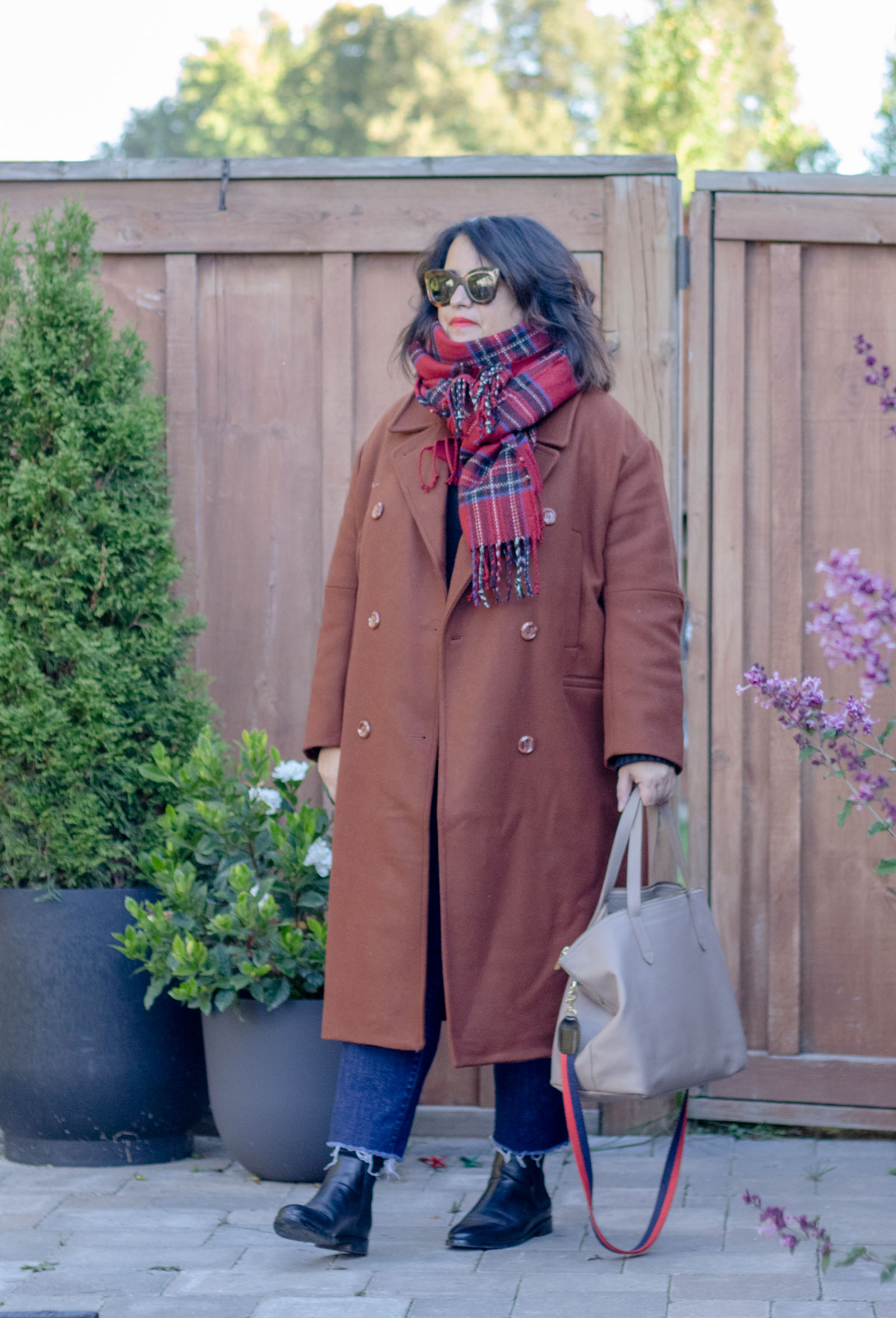 chestnut brown coat red plaid scarf outfit