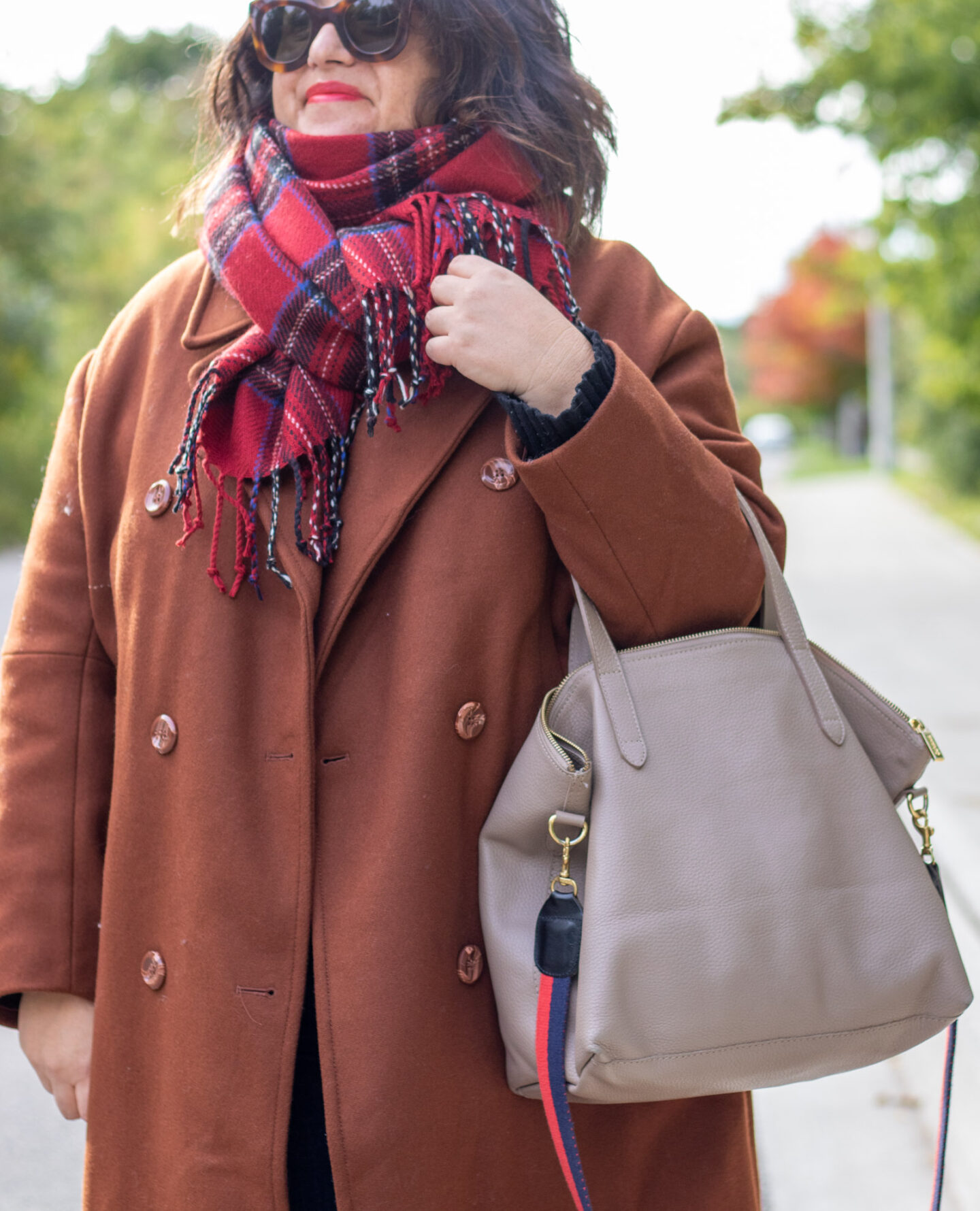 brown hm coat plaid scarf outfit