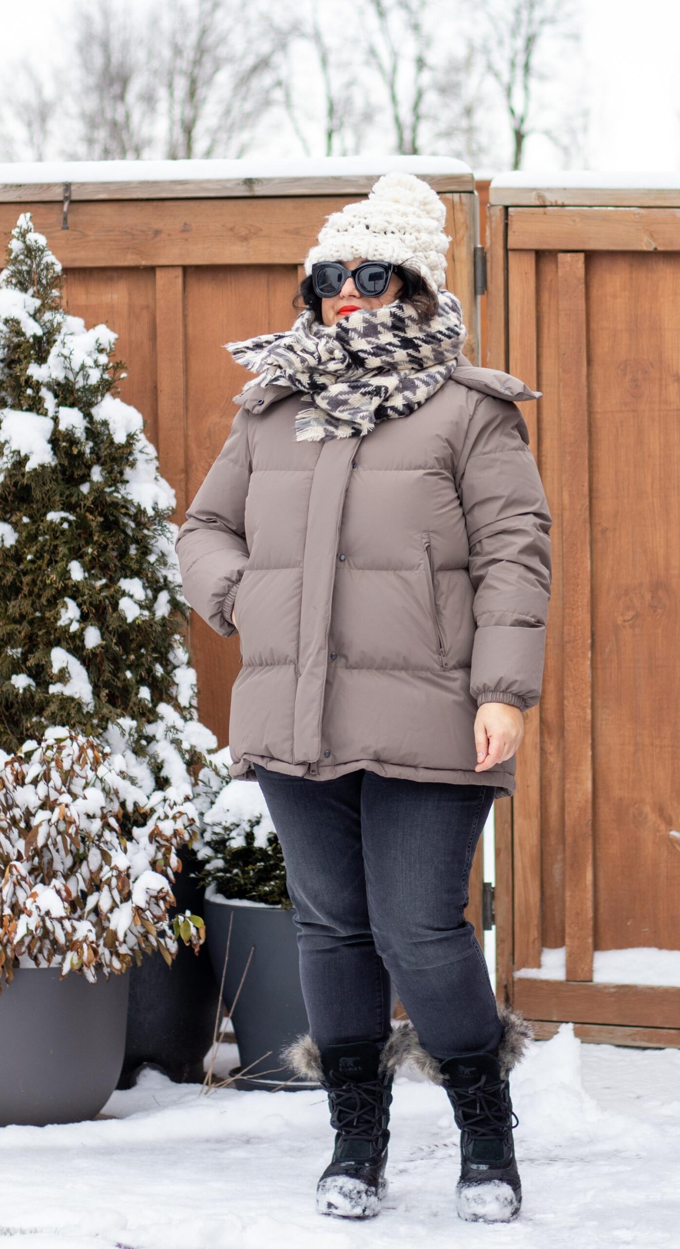 soft neutrals puffer jacket outfit