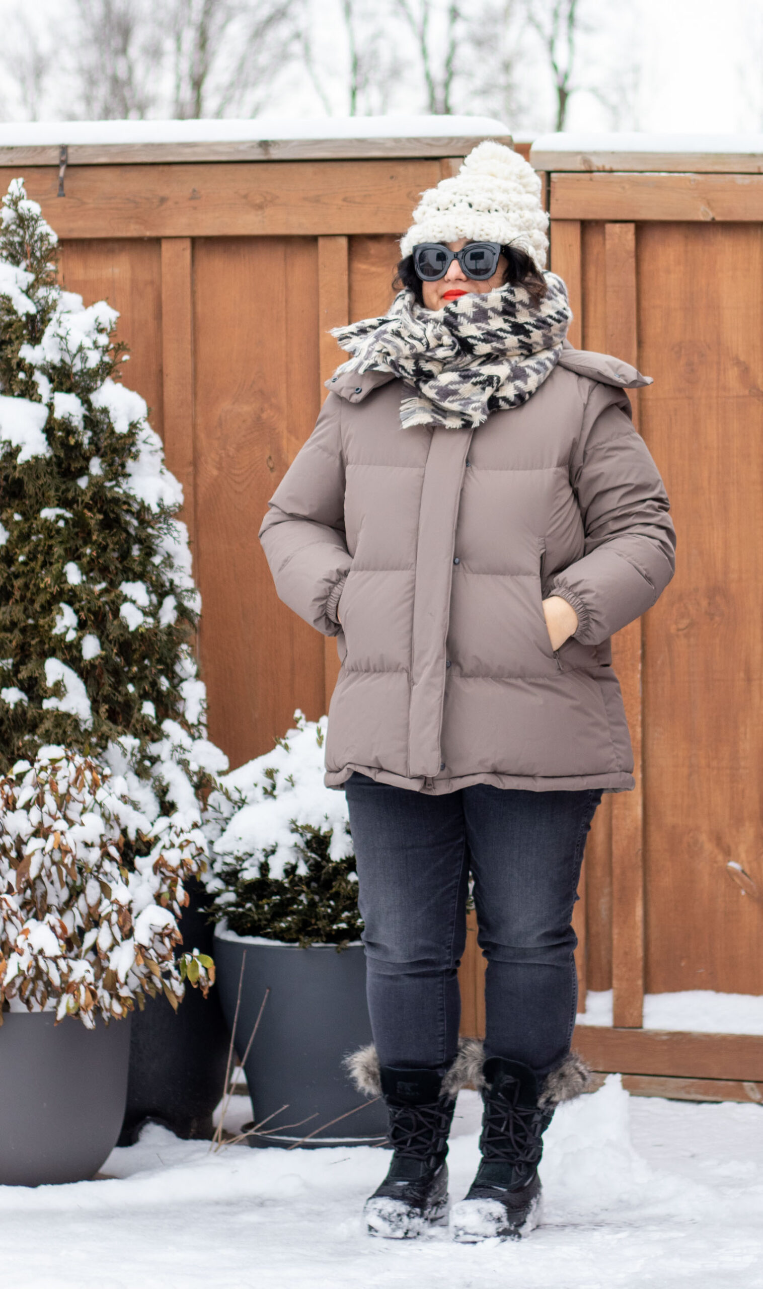 neutral puffer with houndstooth scarf