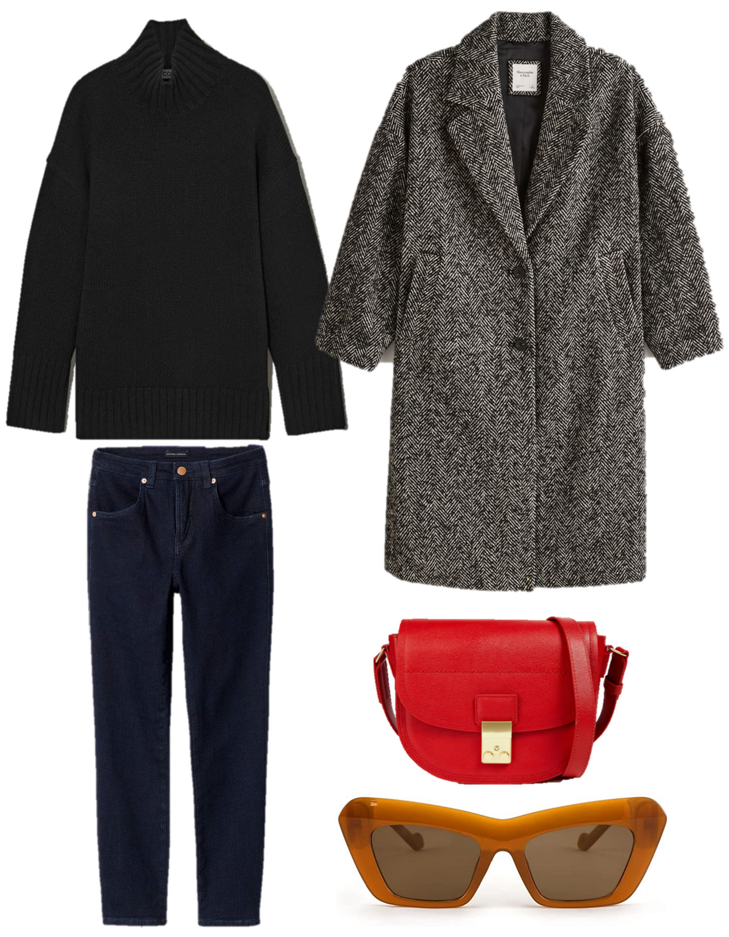 Fall outfit, herringbone coat, red shoulder bag