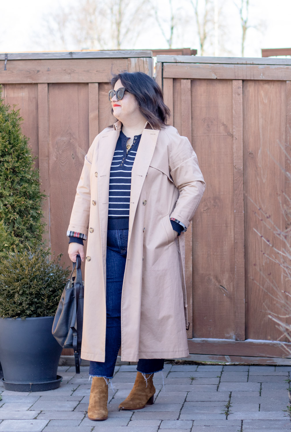 sezane leontine cotton sweater, trench coat outfit