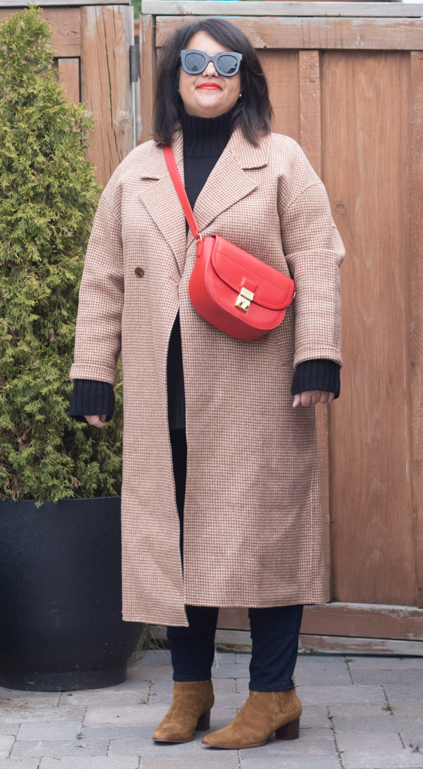 The Curated London coat, red bag