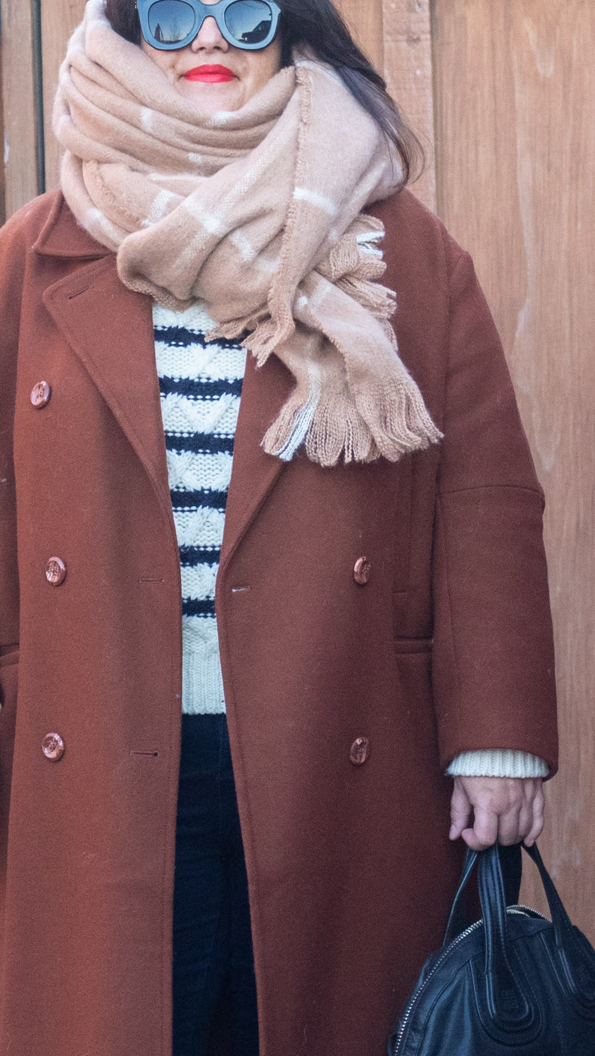 brown coat stripes sweater