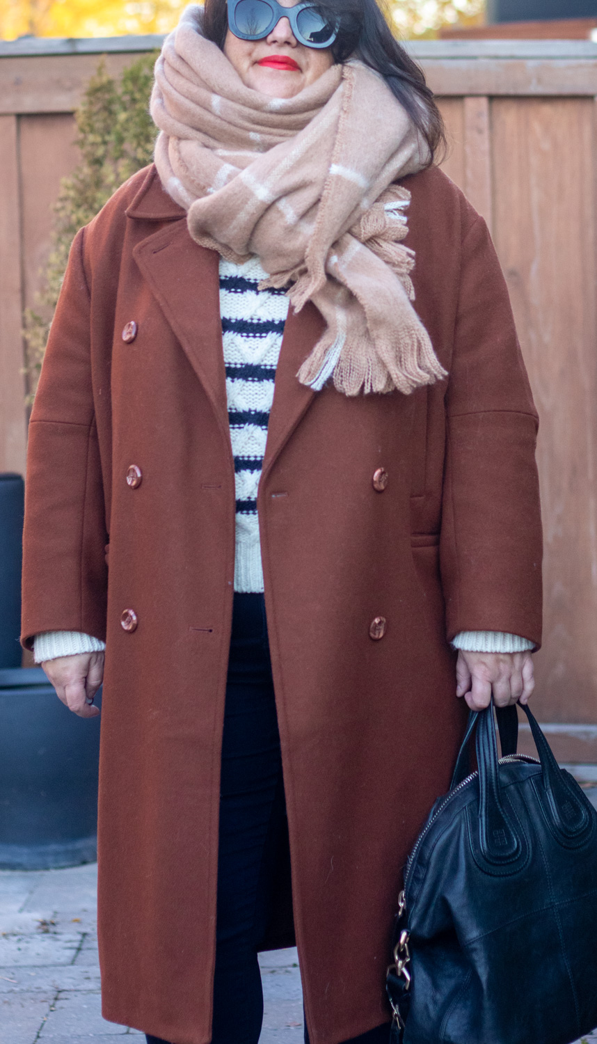 brown coat stripes sweater, sezane james jumper