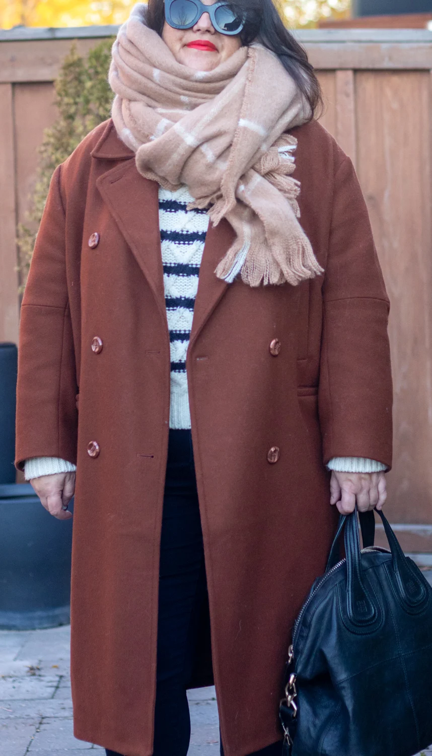 brown coat stripes sweater