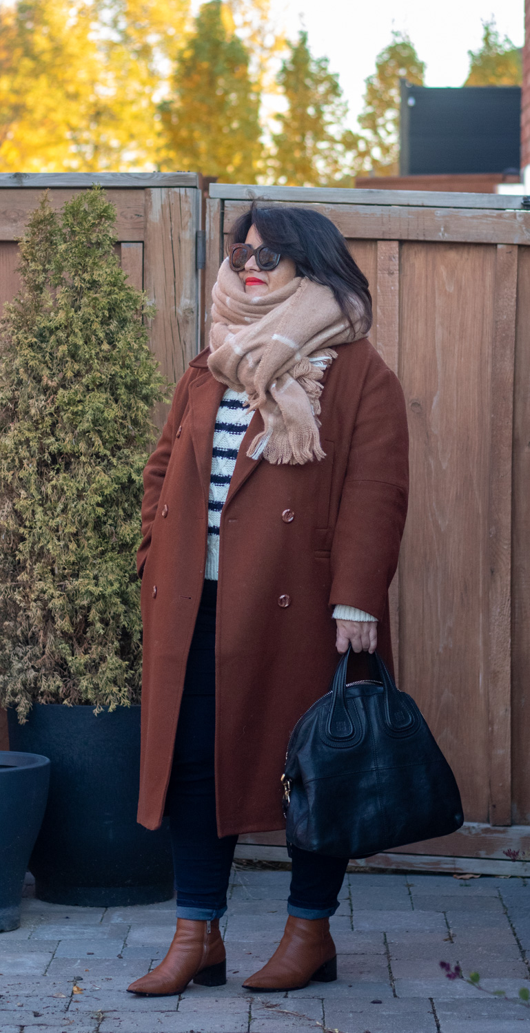 brown coat stripe sweater