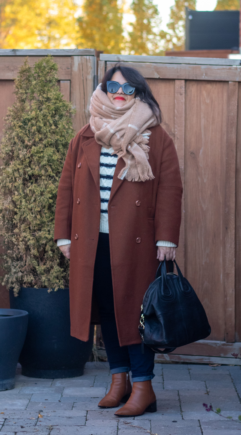 brown coat stripes sweater