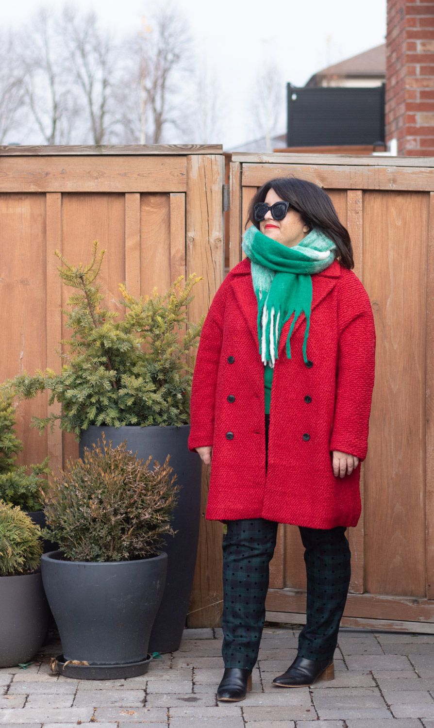 red coat outfit, green check scarf
