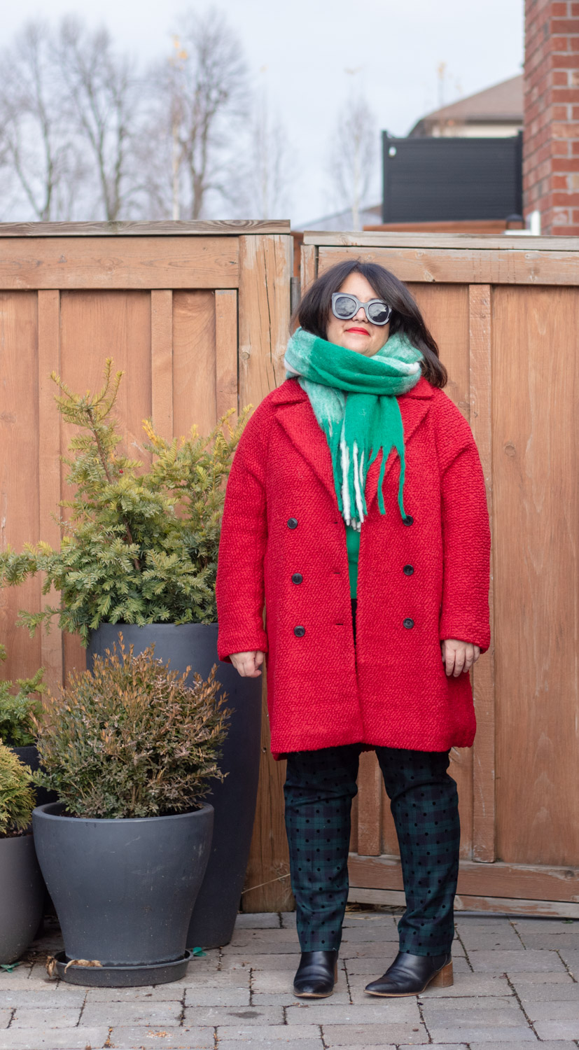 red coat, green scarf