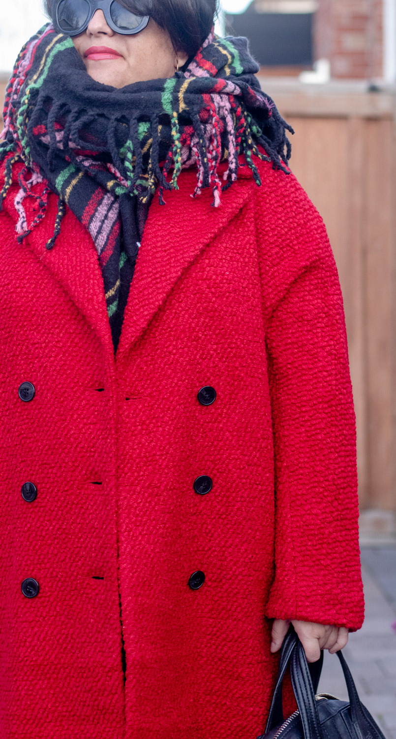 red coat outfit, black plaid scarf