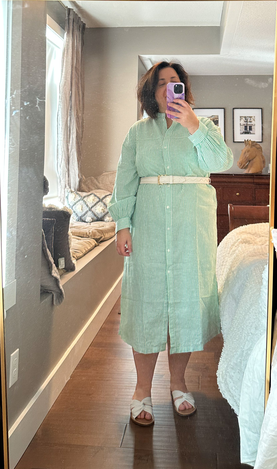 green linen stripe dress