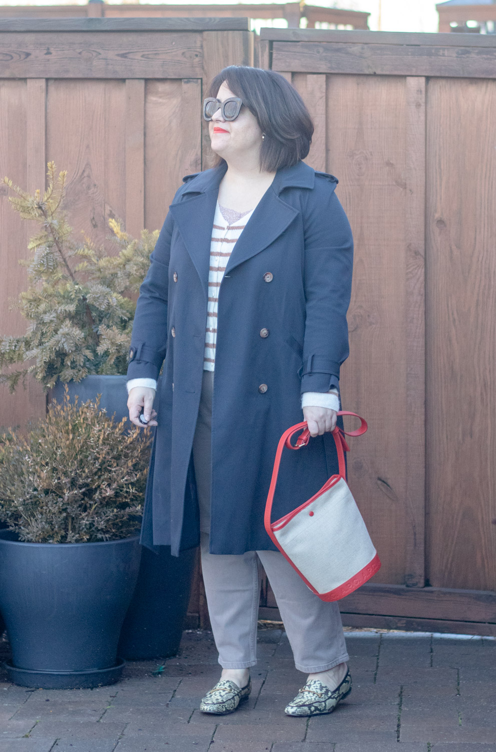 sezane scott trench outfit with barry sweater