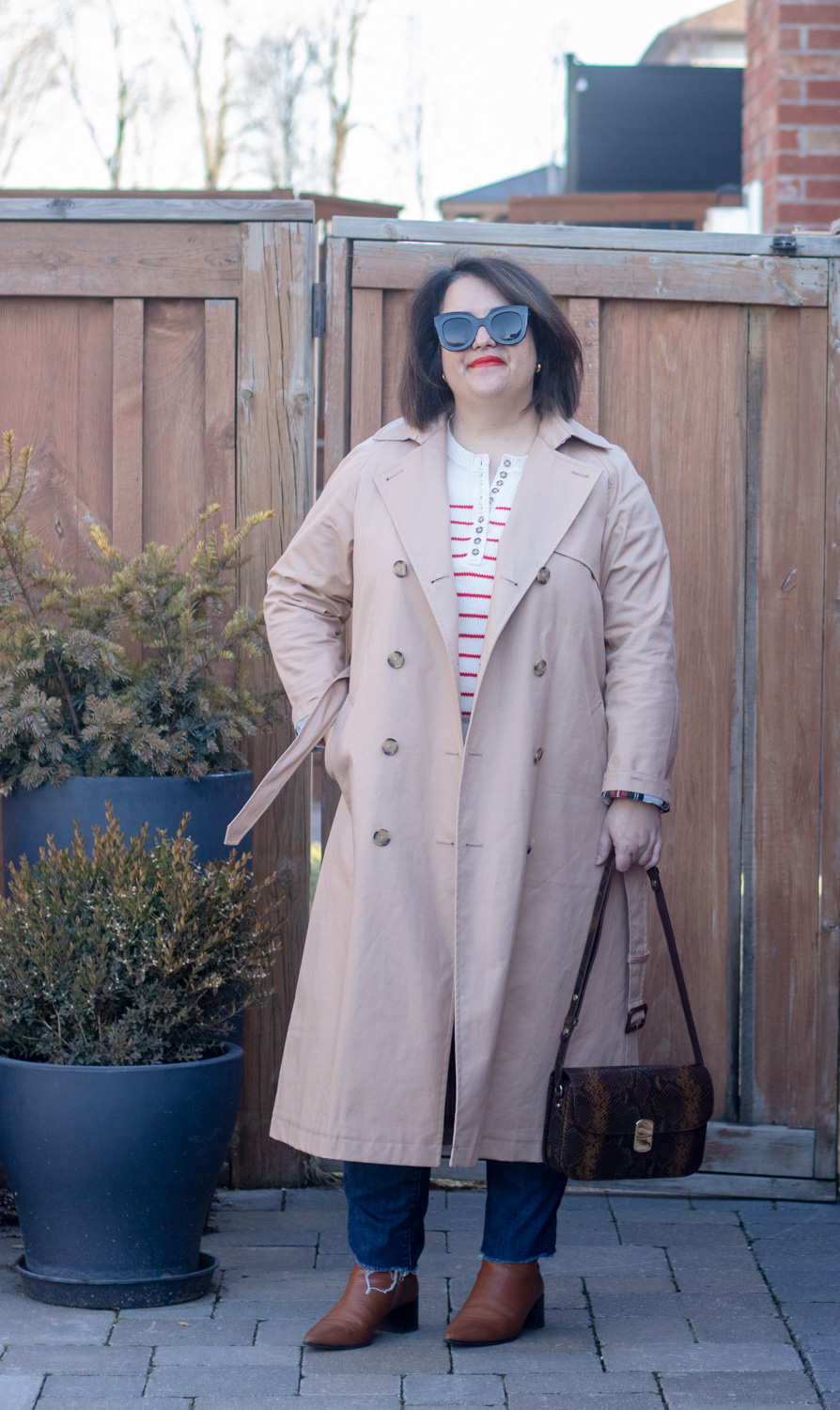 trench and red stripe sweater