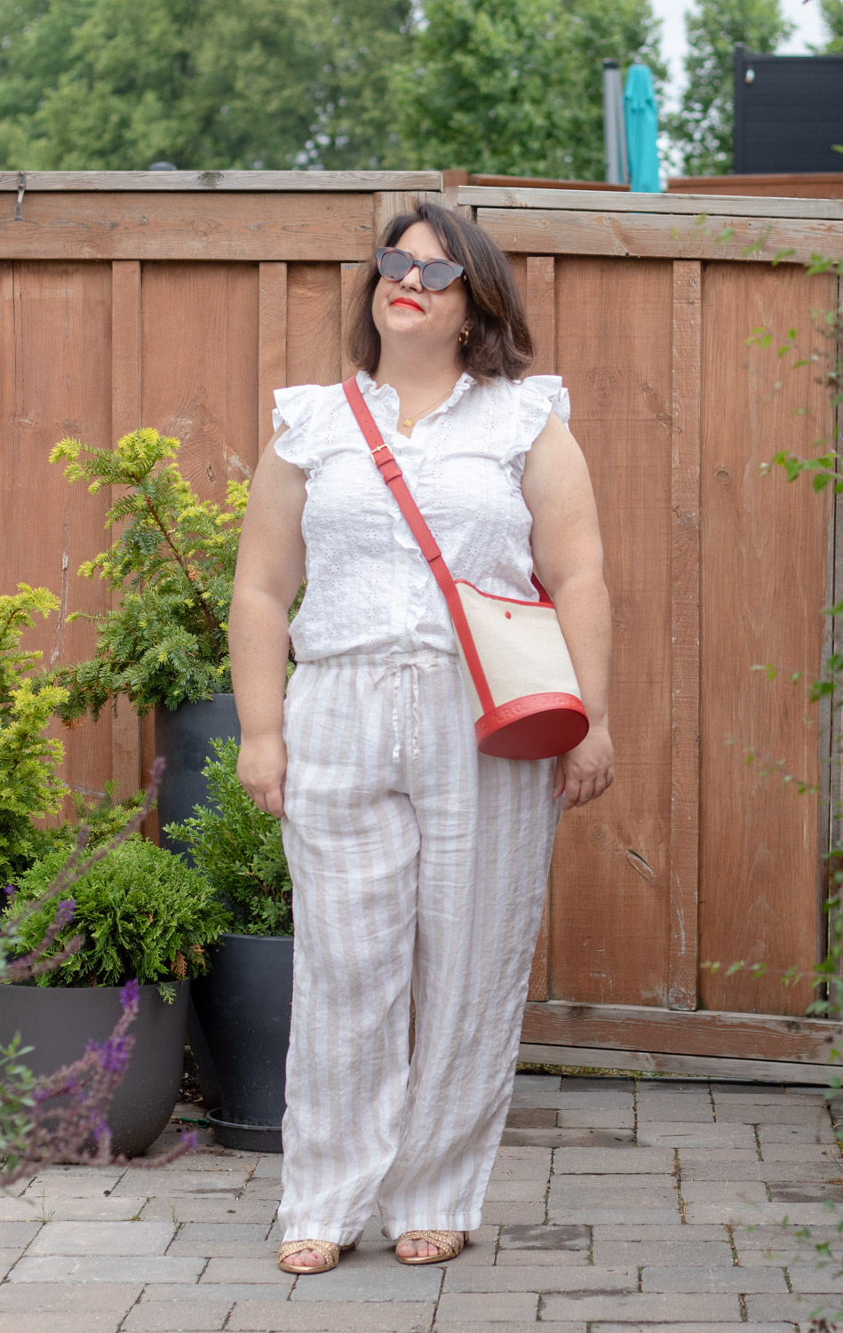 Summer linen pants outfit, apc helene bucket bag tote