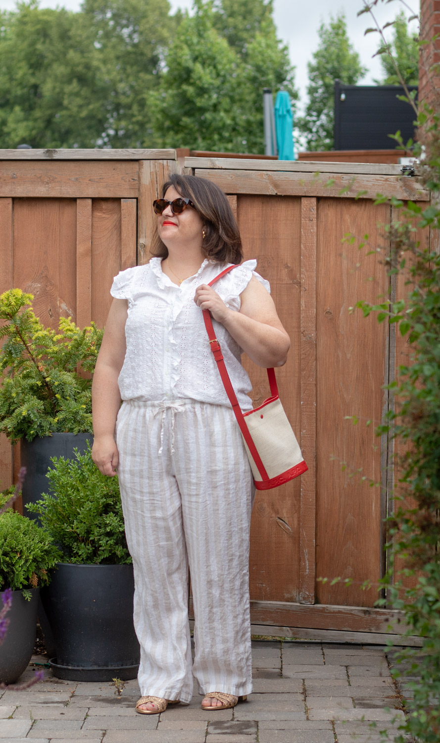 Summer neutral linen outfit, APC Helene Tote