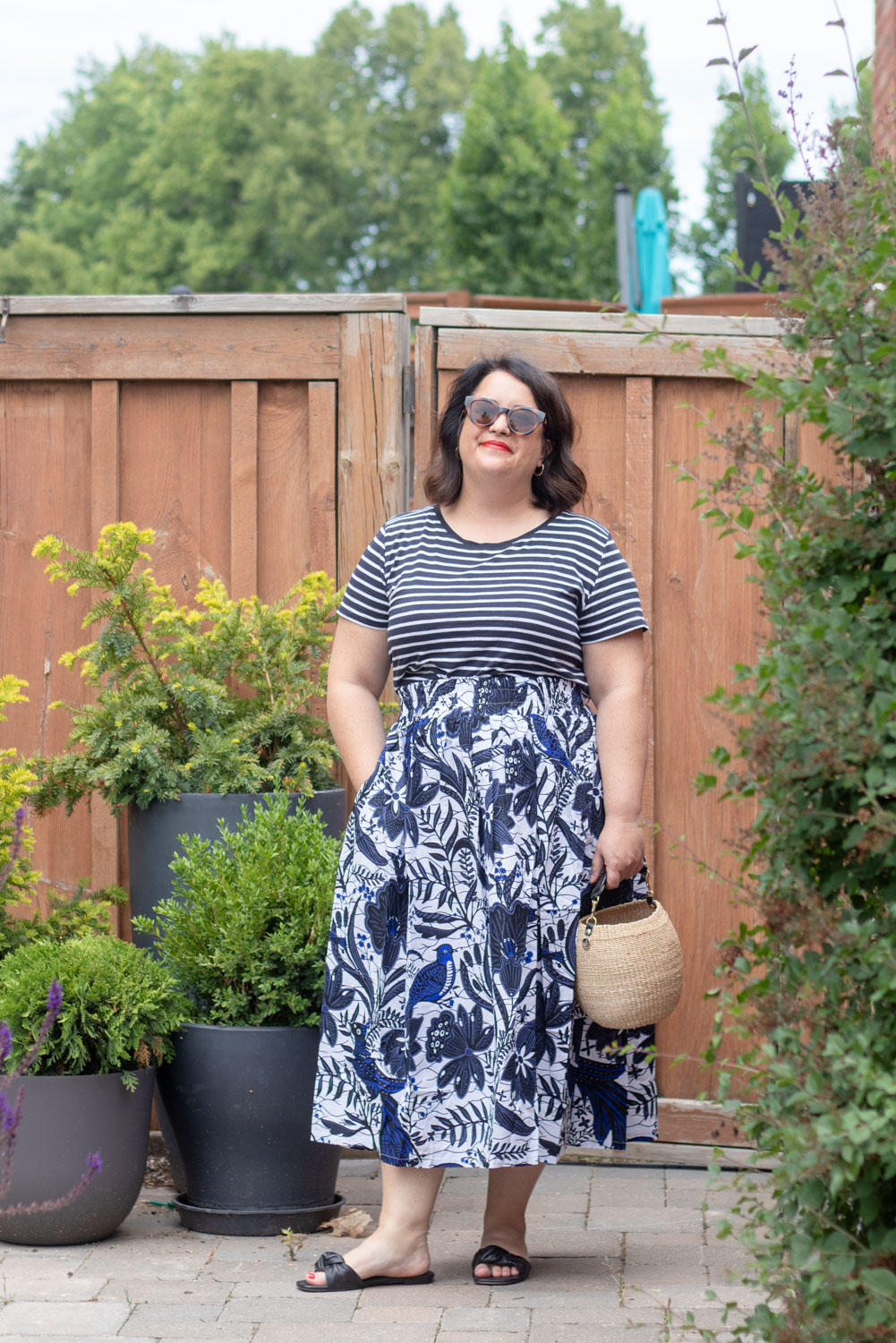 kemi telford skirt outfit, wax print skirt with stripe tee