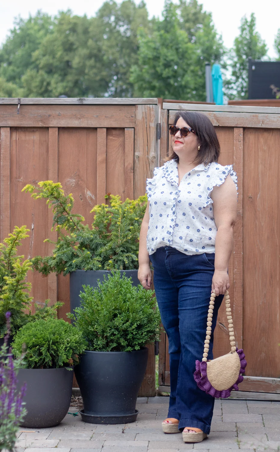 sezane caro blouse, dark wash wide leg jeans, platform espadrilles