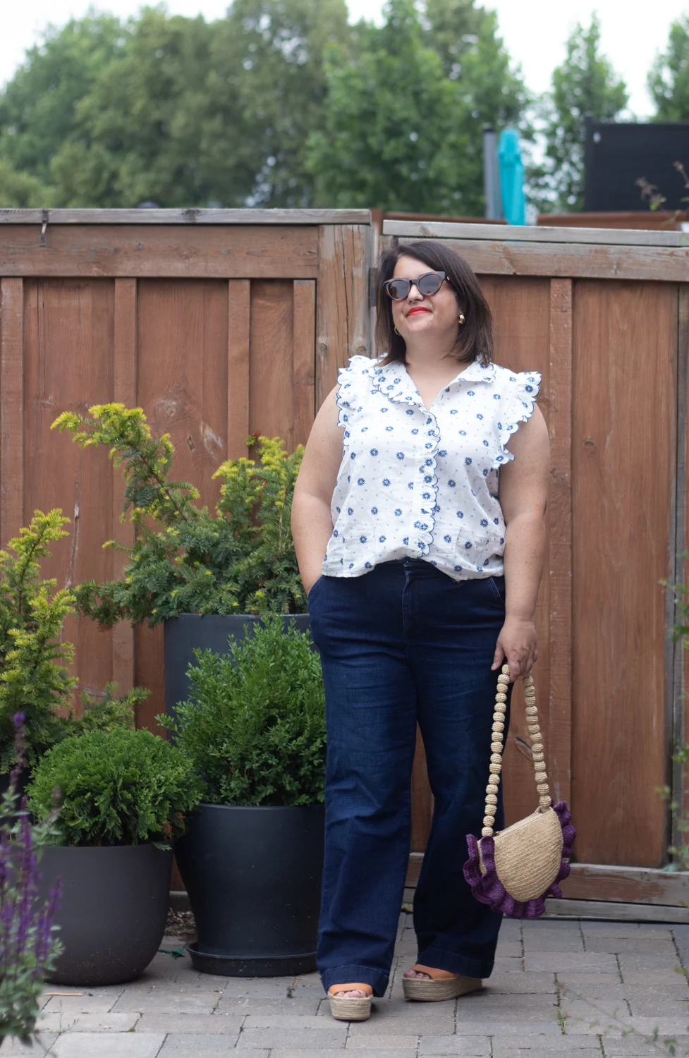 sezane caro blouse, dark wash wide leg jeans, platform espadrilles