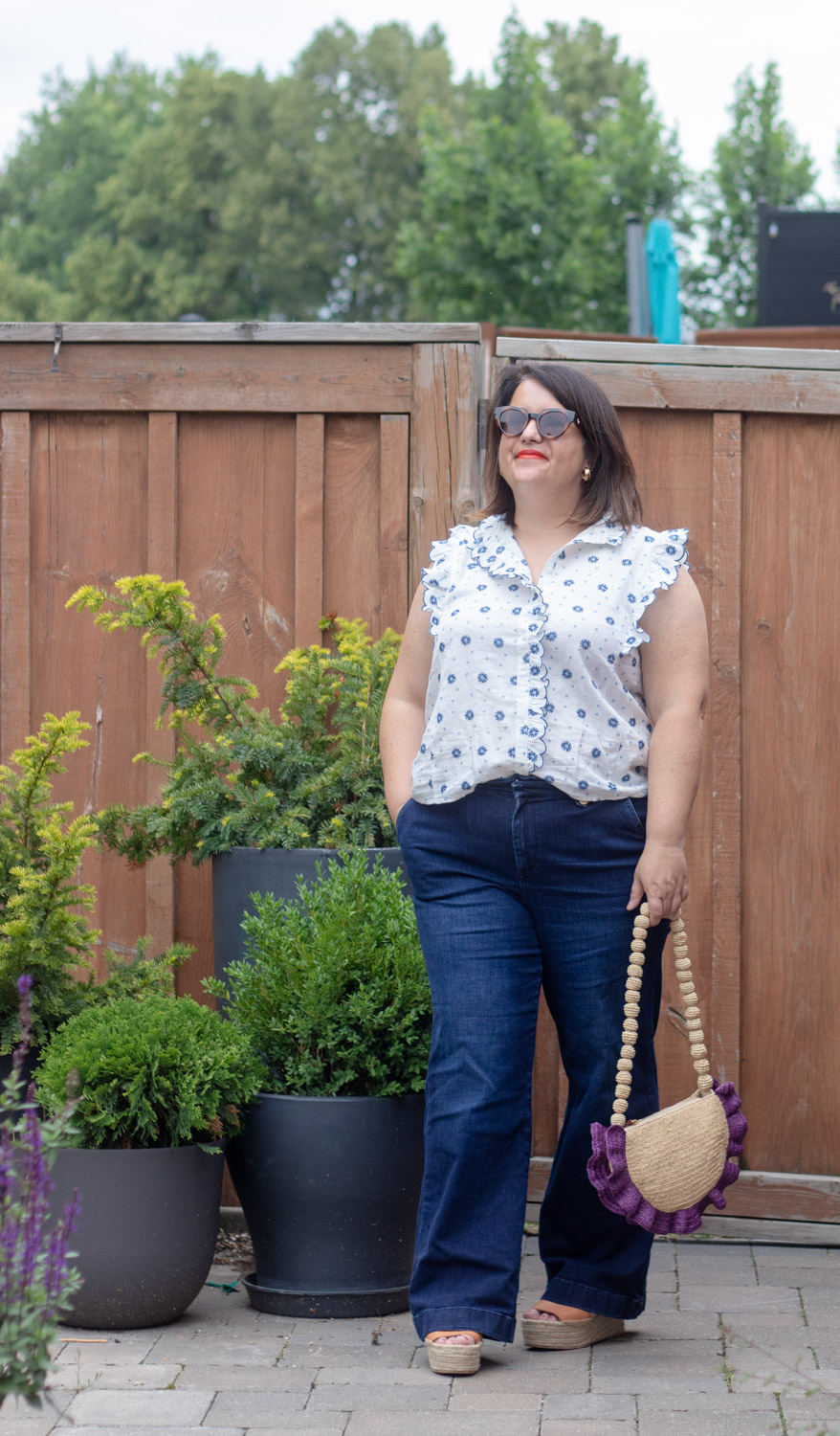 sezane caro shirt, sezane mille pouch, dark wash jeans and platform espadrilles