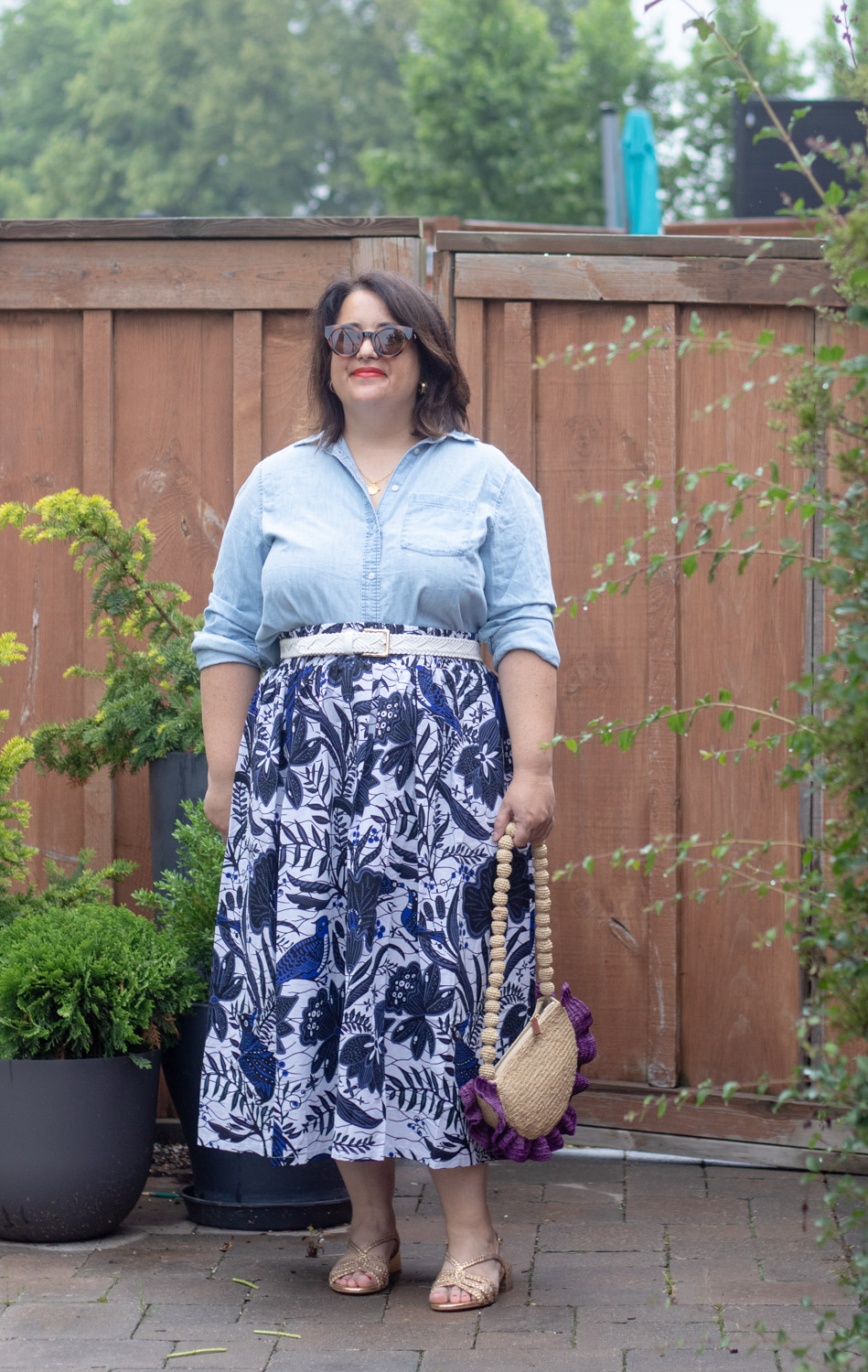 denim shirt and printed skirt