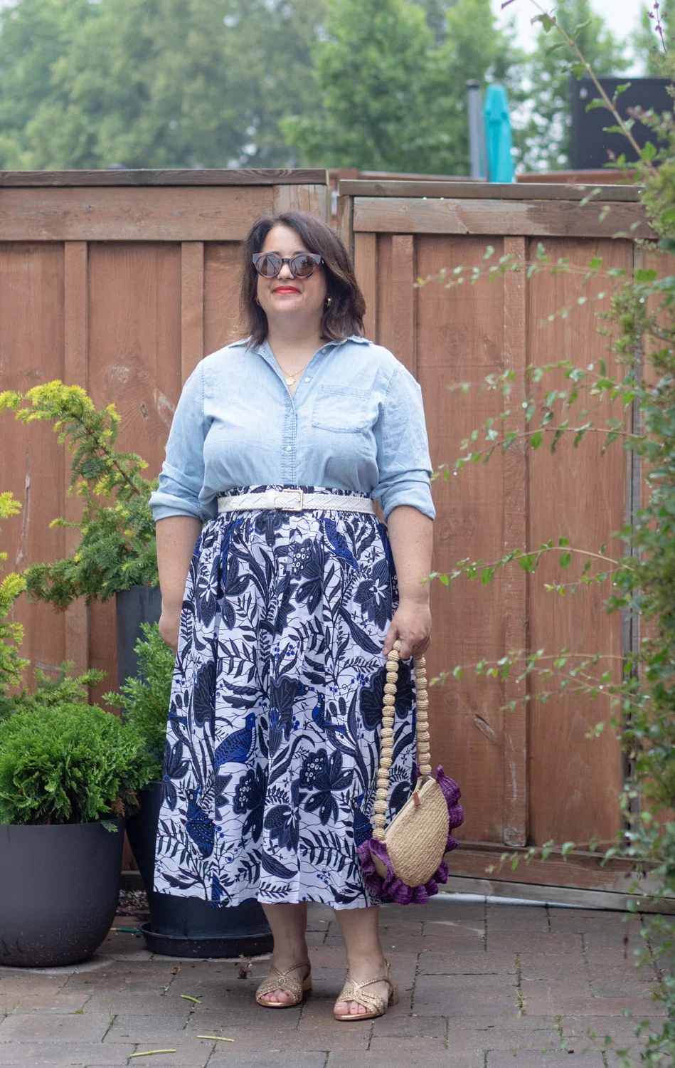 denim shirt and printed skirt