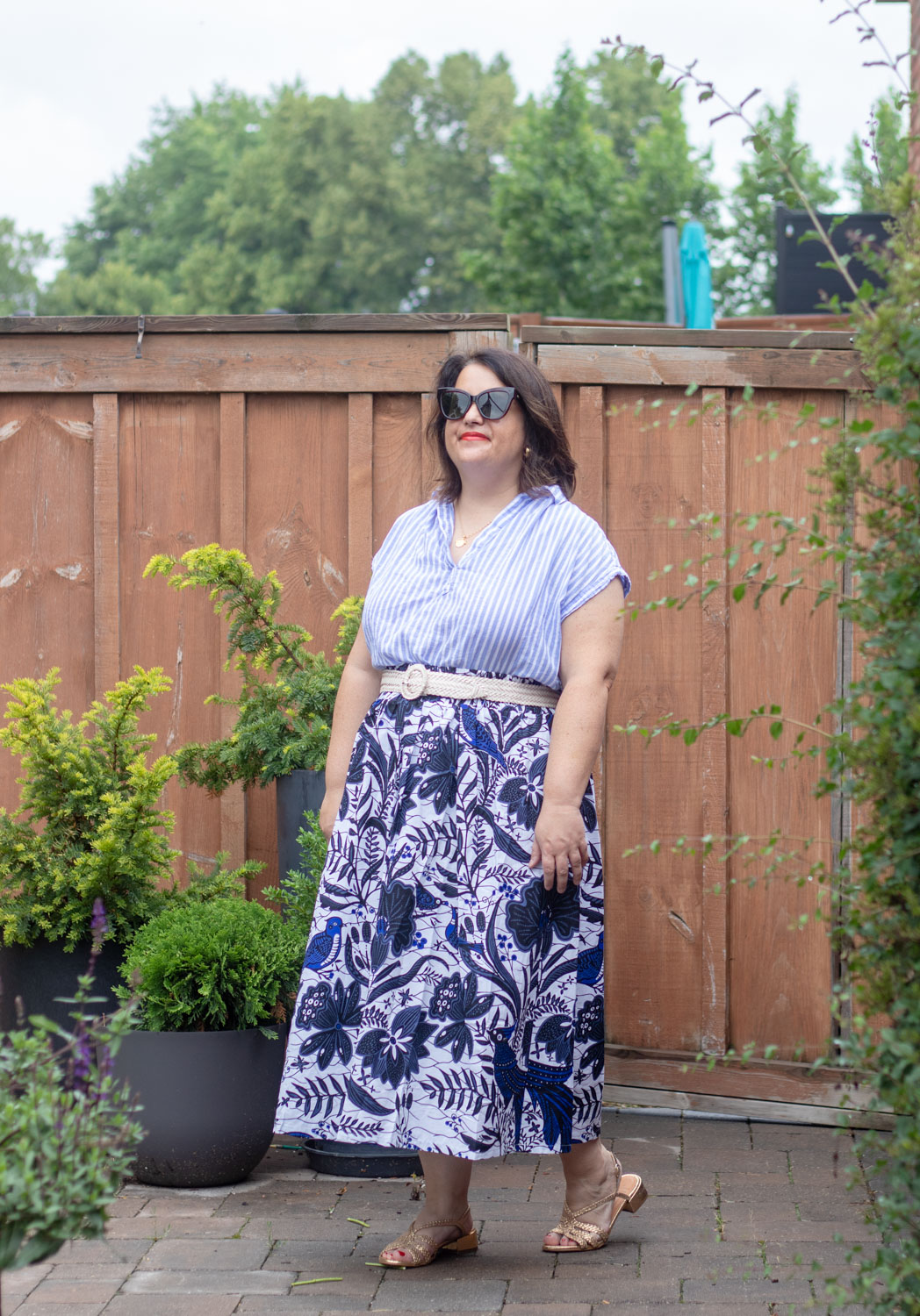 printed skirt and stripe top