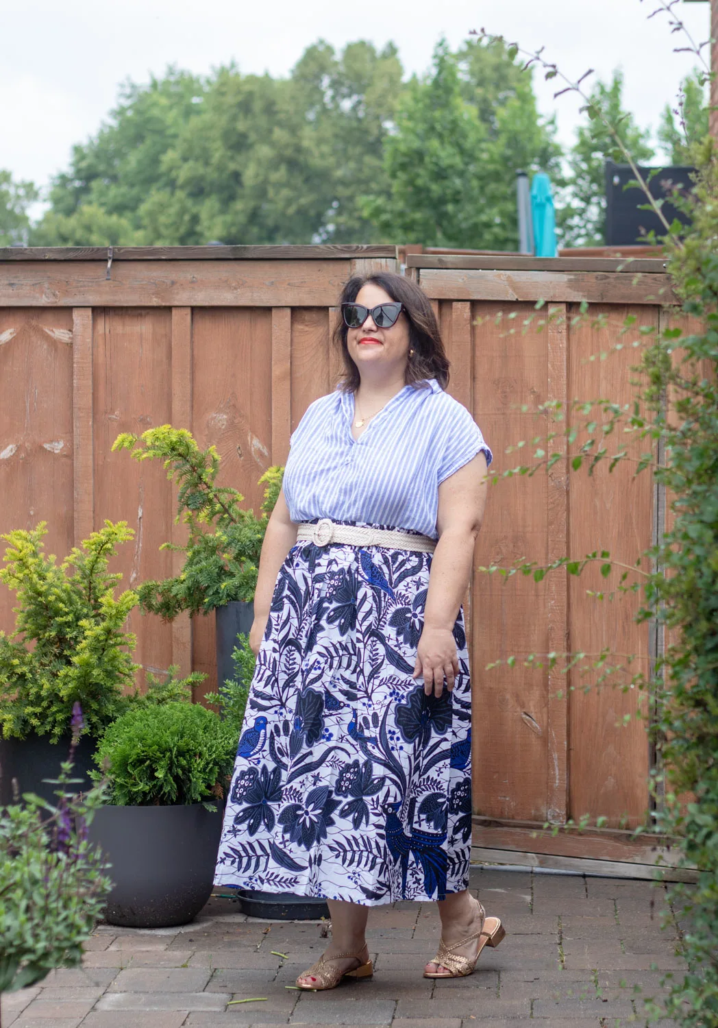 printed skirt and stripe top