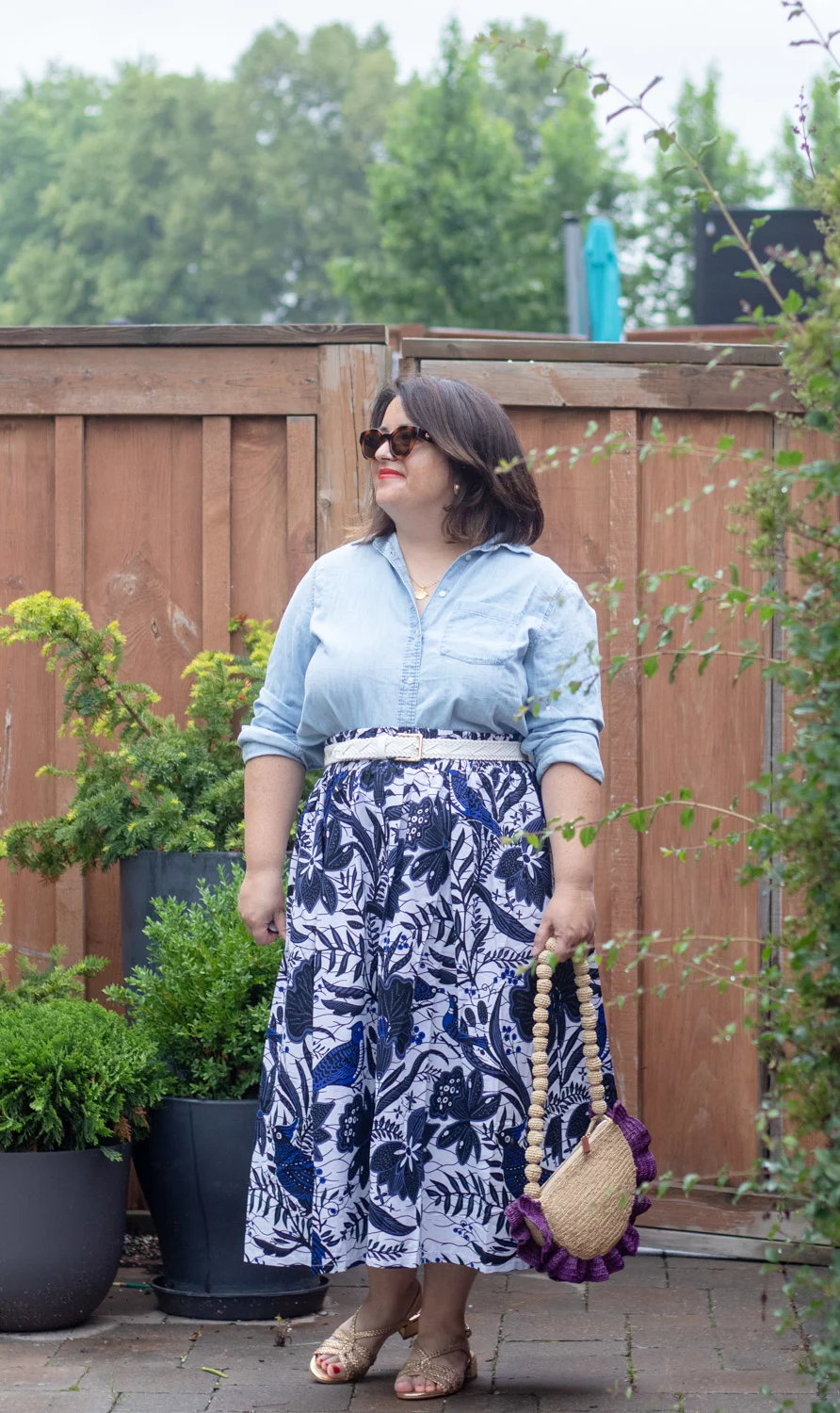 denim shirt and printed skirt