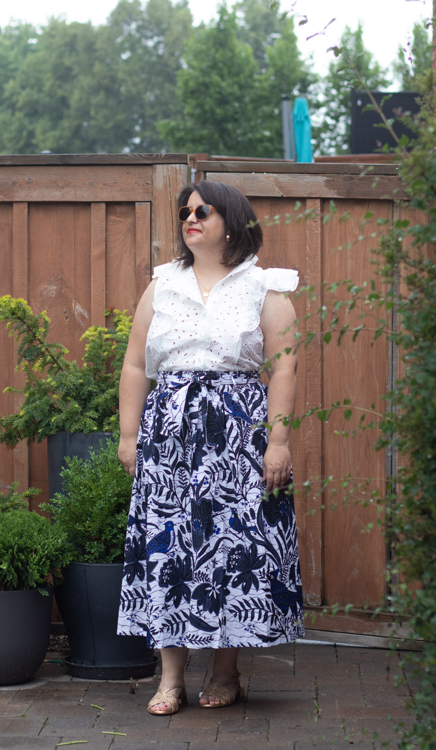 printed skirt with white blouse