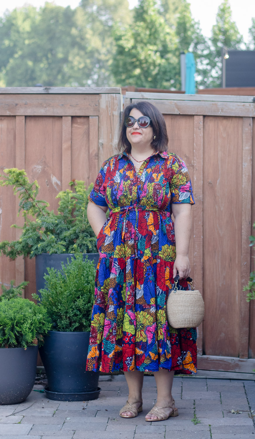 kemi telford drawstring dress, bold seventies inspired retro floral print