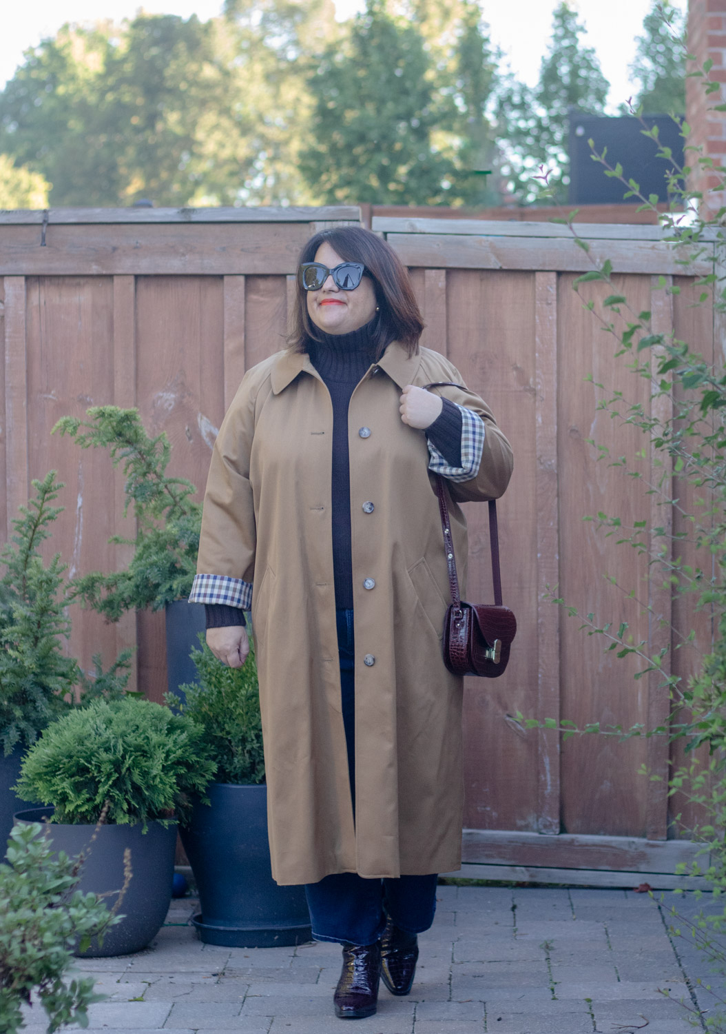 trench coat, brown turtleneck sweater, cross body bag