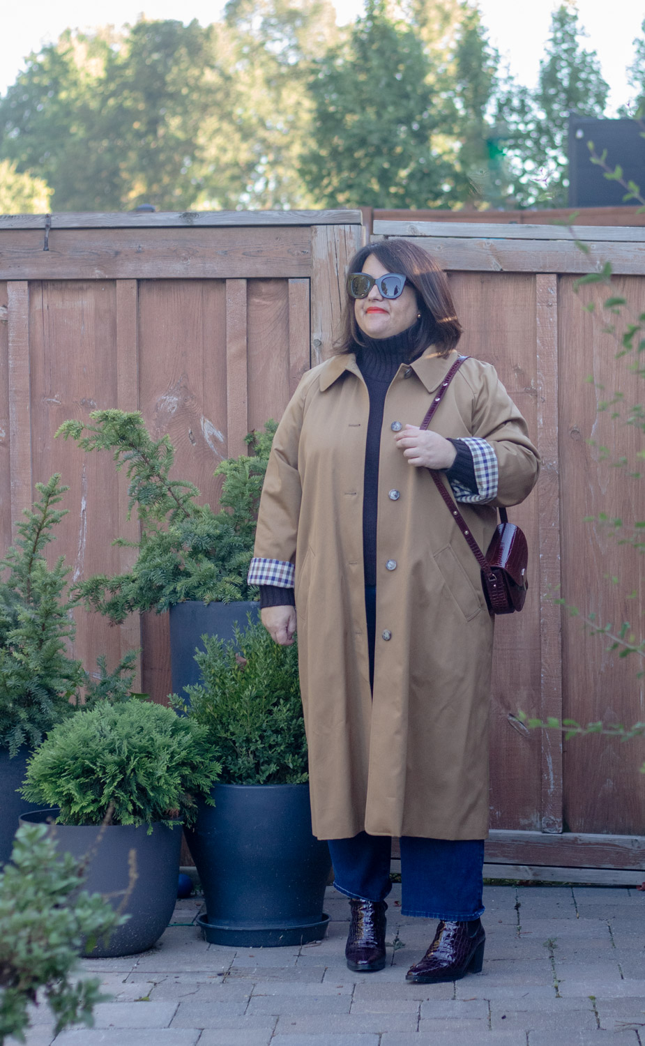 sezane trench coat, chunky chocolate brown turtleneck sweater