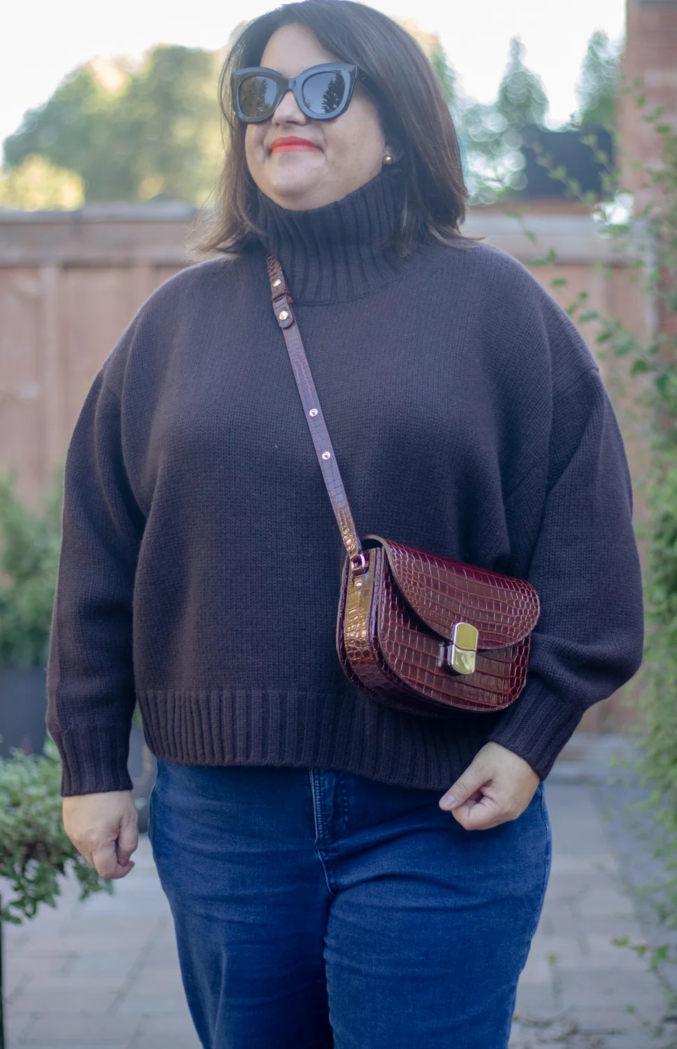 cos dark brown cashmere sweater, sezane claude bag