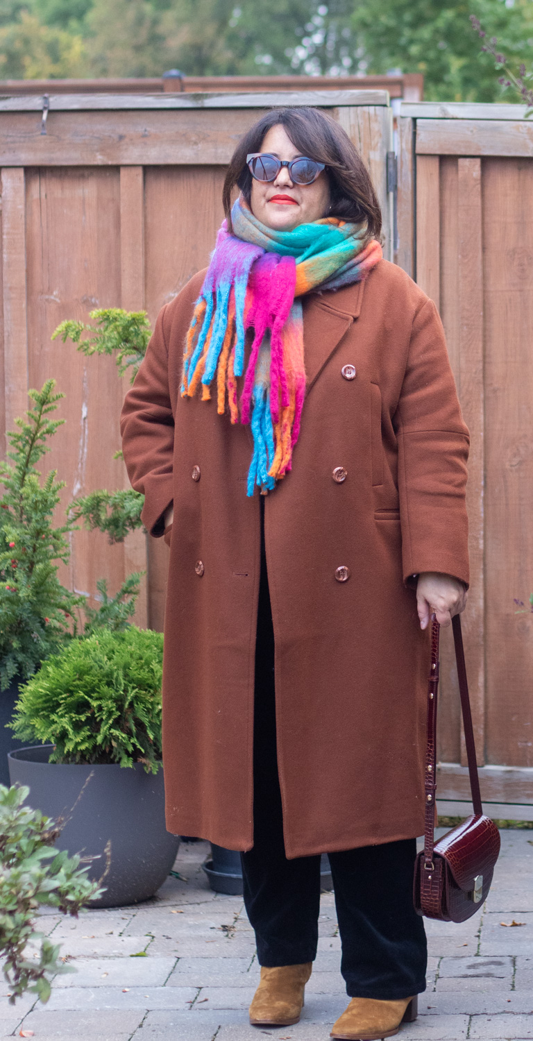 chestnut brown coat, acne check scarf dupe