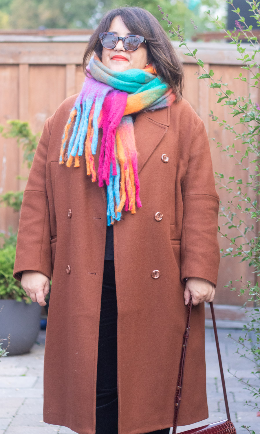 brown coat colourful scarf fall outfit