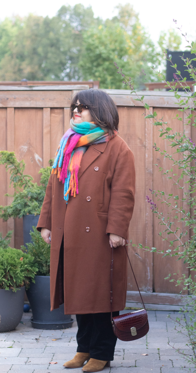 brown coat, colourful scarf fall outfit