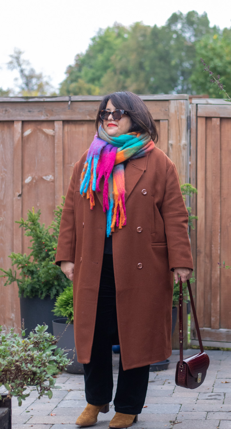 rainbow check acne scarf dupe, chestnut brown coat outfit
