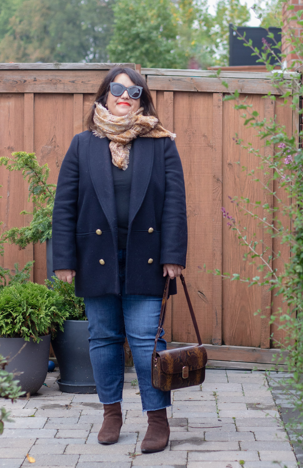 Sezane james coat, snake print scarf, sezane milo bag outfit