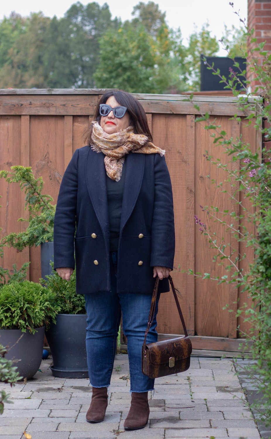 Sezane james coat, snake print scarf, sezane milo bag outfit