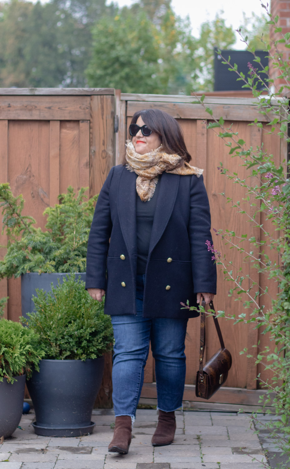 Sezane james coat, snake print scarf, sezane milo bag outfit