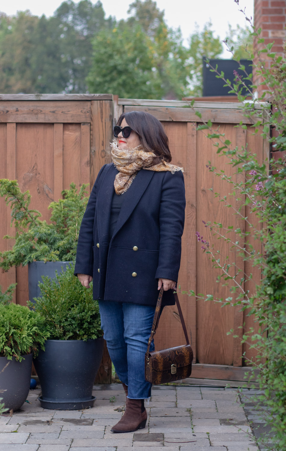 Sezane james coat, snake print scarf, sezane milo bag outfit