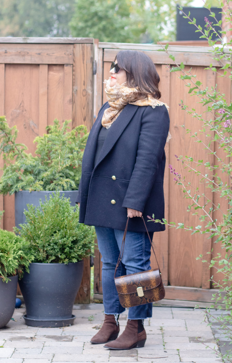 Sezane james coat, snake print scarf, sezane milo bag outfit