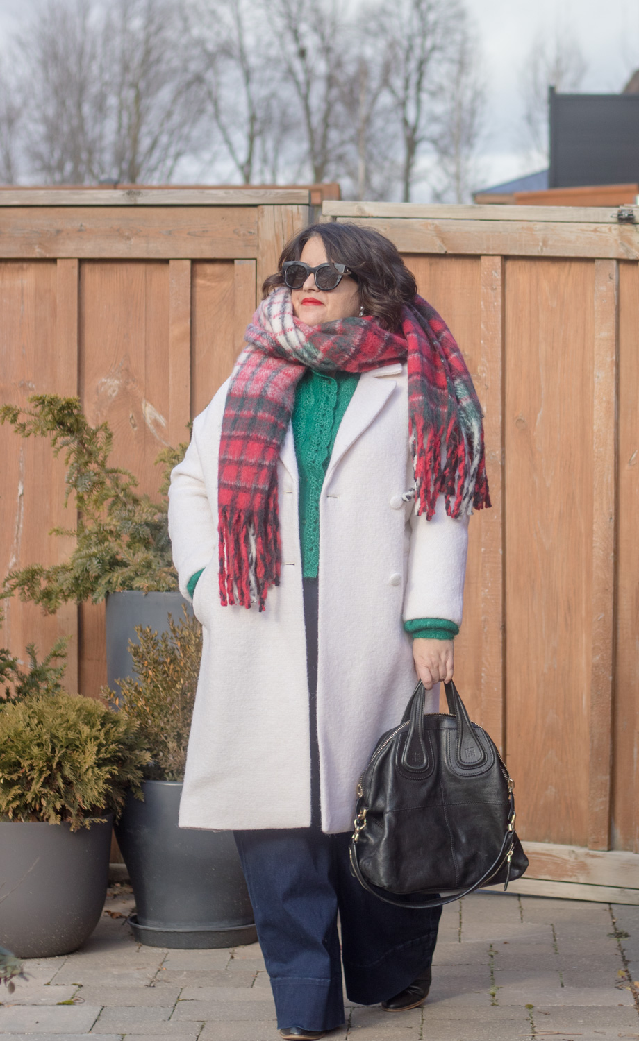plaid scarf, white coat, green knit outfit