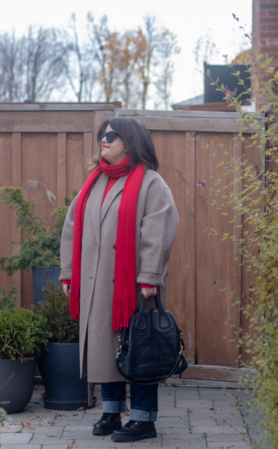 dark beige coat with red scarf outfit