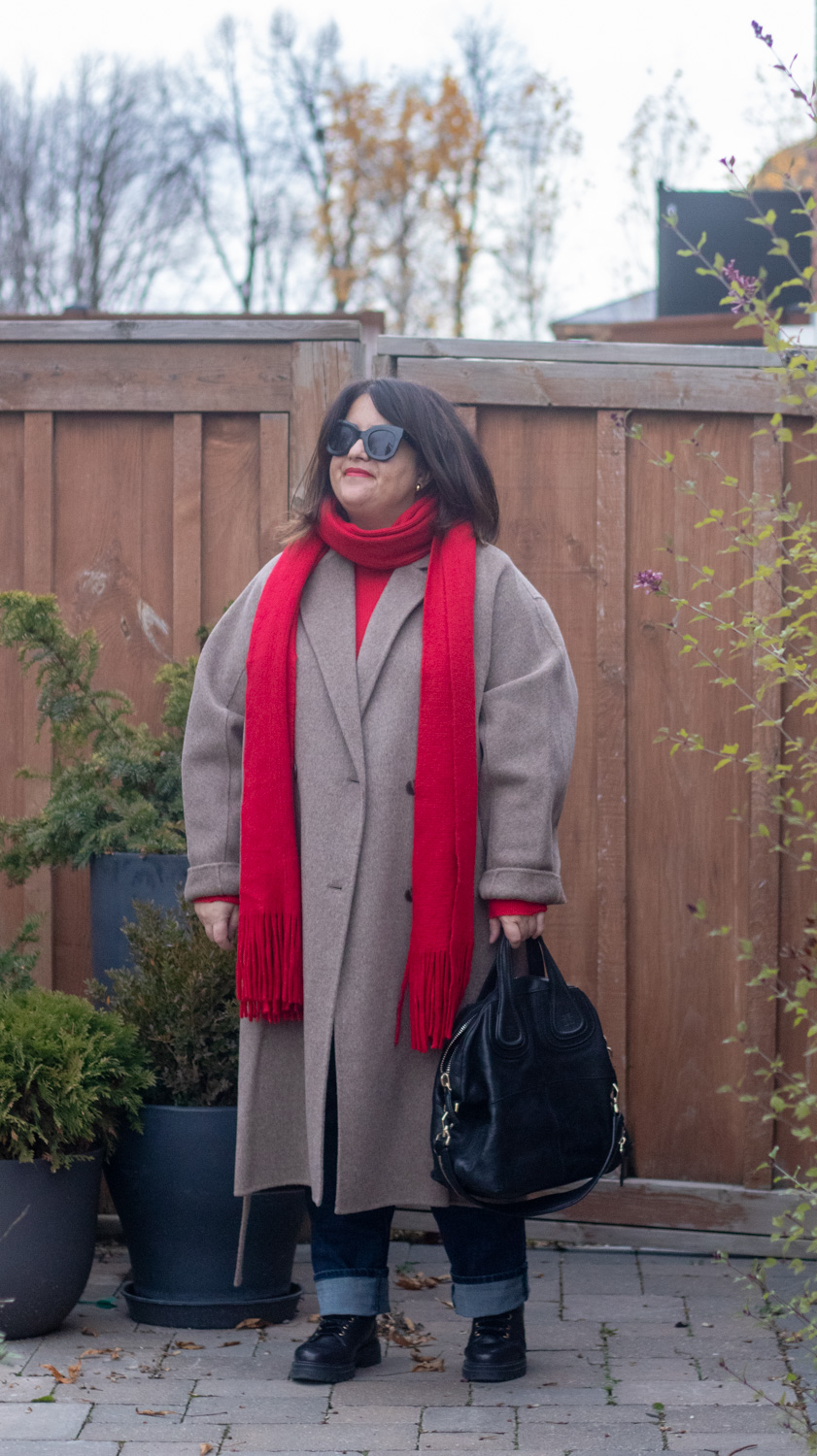 dark beige fuzzy wool coat with red scarf