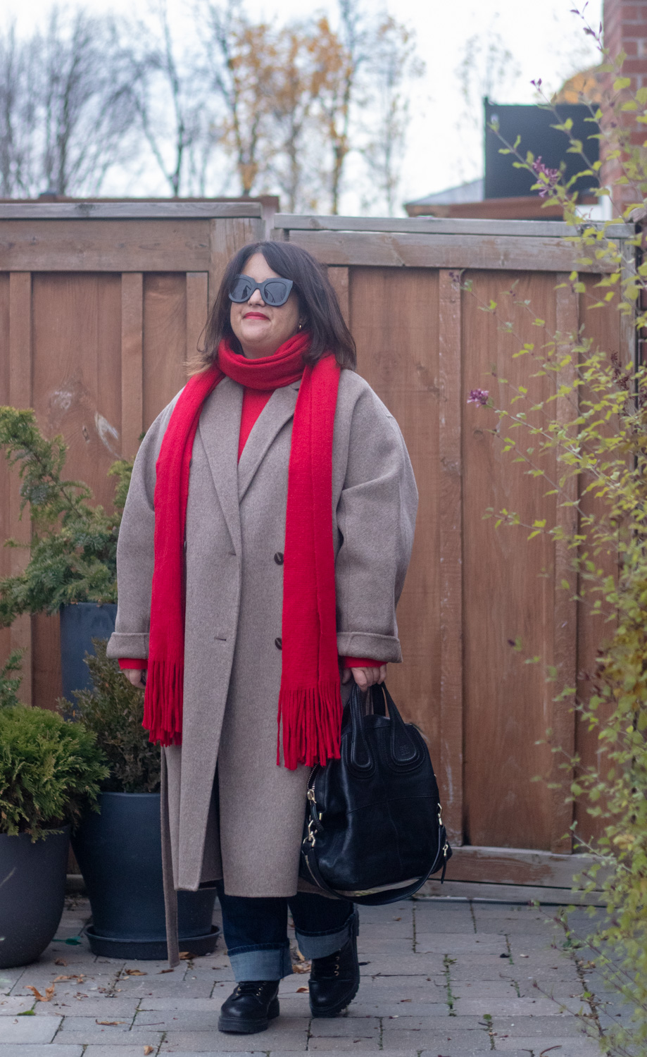 dark beige coat red scarf outfit