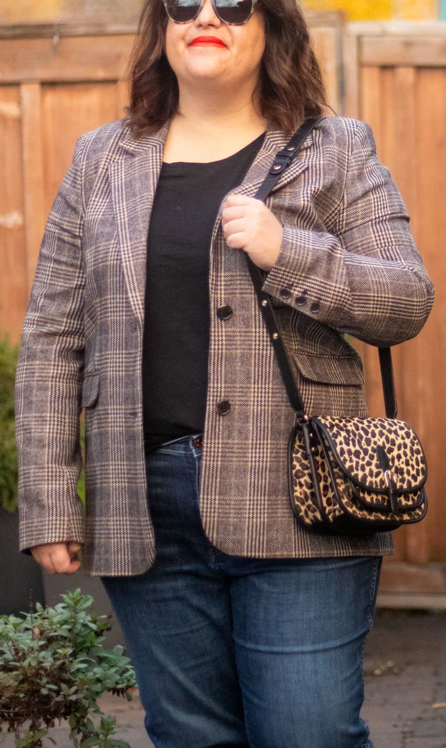 Sezane Romeo Bag and Checked blazer outfit