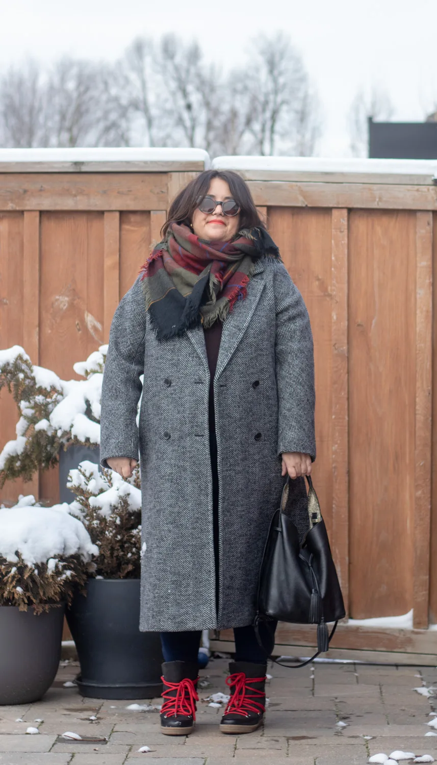 aritzia herringbone slouch coat outfit with dark plaid scarf