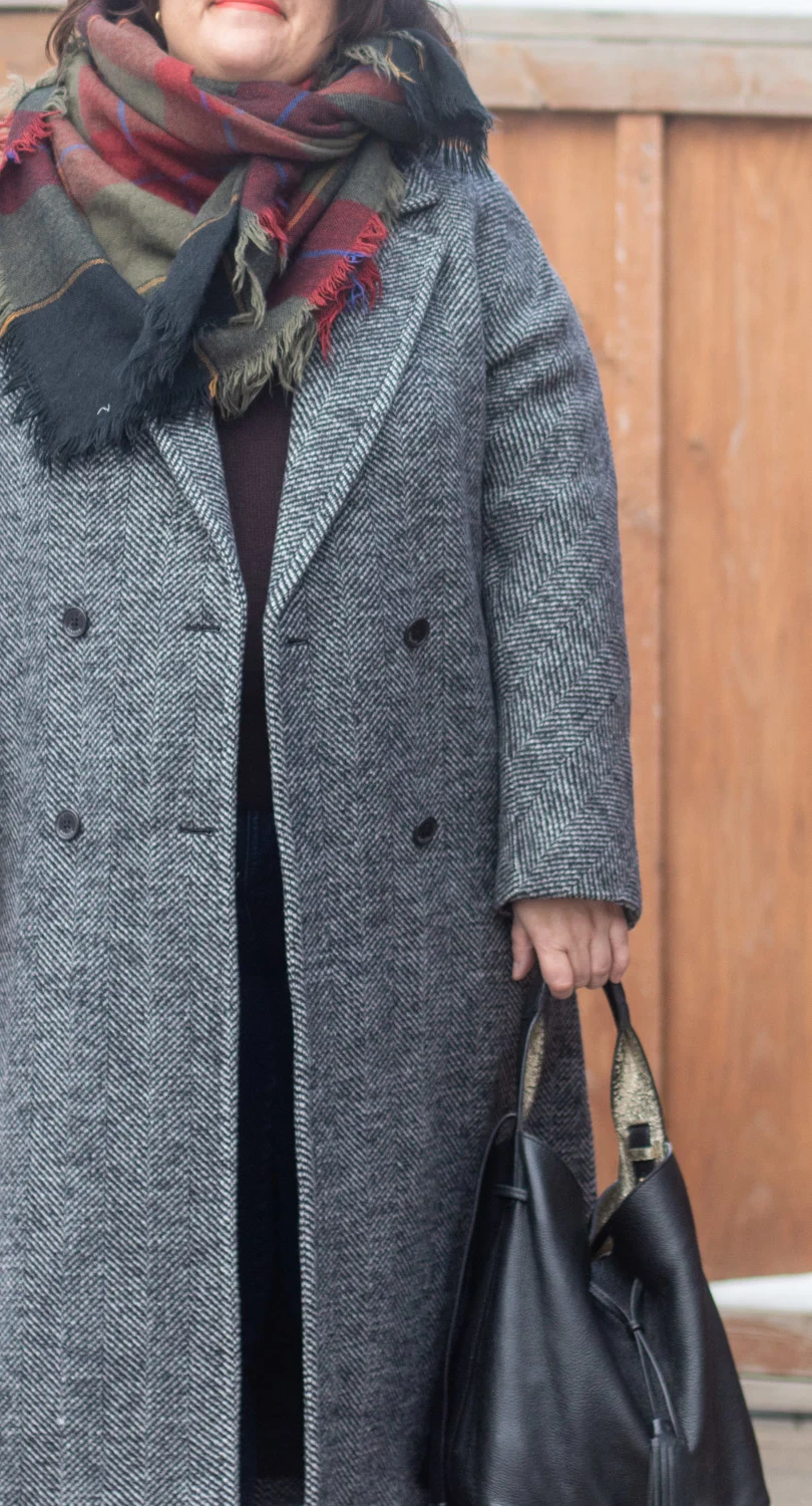 aritzia herringbone slouch coat outfit